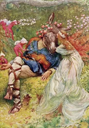 Edith Nesbit（1858-1924）pubによる「シェイクスピアの子供たちの物語」の真夏の夜の夢のチタニアとボトム。 Raphael Tuck und Sons Ltd.、ロンドン（書籍のイラスト）